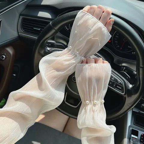 冰袖夏原创设计防晒袖套防紫外线细腻珍珠轻薄女韩国纱开车名媛风