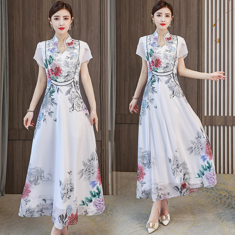 PF11592#夏季新品民族风改良旗袍连衣裙立领短袖印花长连衣裙仙女裙女裝貨源服裝批發