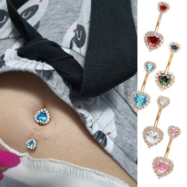 钛钢镀金高级感设计ins双爱心大宝石穿刺肚脐环脐钉