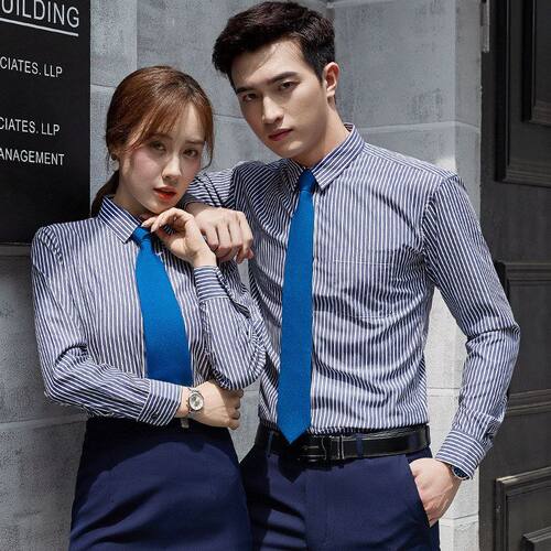 新款职业装衬衫男女同款条纹衬衣长袖正装商务前台工作服衬衫工装