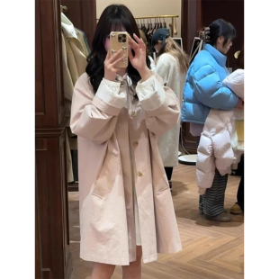 韩系甜美休闲粉色风衣女春季 外套 2025新款 小个子高级感宽松中长款