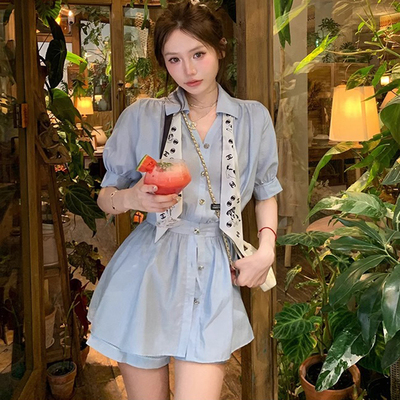 独特漂亮显瘦绝美休闲气质收腰衬衫上衣高腰短裤两件时尚套装女夏