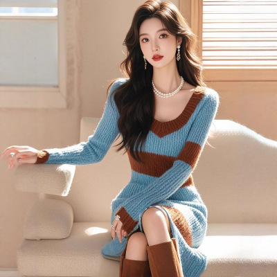 zynz6670小个子V领蓝色针织连衣裙女2025秋冬配大衣加厚毛衣裙子