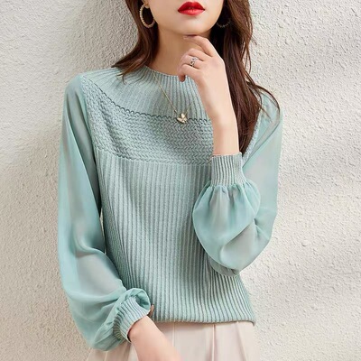 法式气质简约针织衫女2025秋季新款网纱灯笼袖百搭修身打底上衣