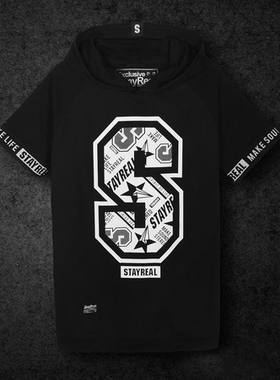 五月天阿信同款潮牌SR黑势力短袖帽T 黑色白色休闲时尚情侣款连帽