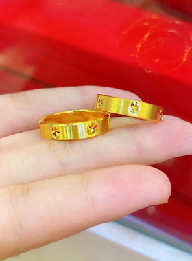 3D硬金黄金车花戒指足金999时尚简约男女款情侣对戒纯金素圈指环