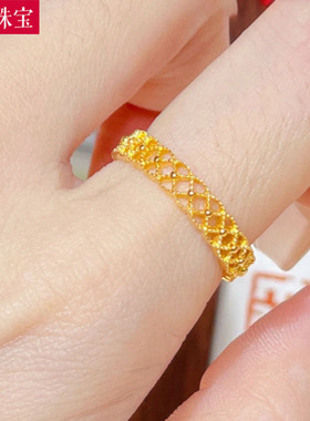 5G黄金镂空花丝戒指999足金女款宫廷风复古素圈戒子纯金指环送礼