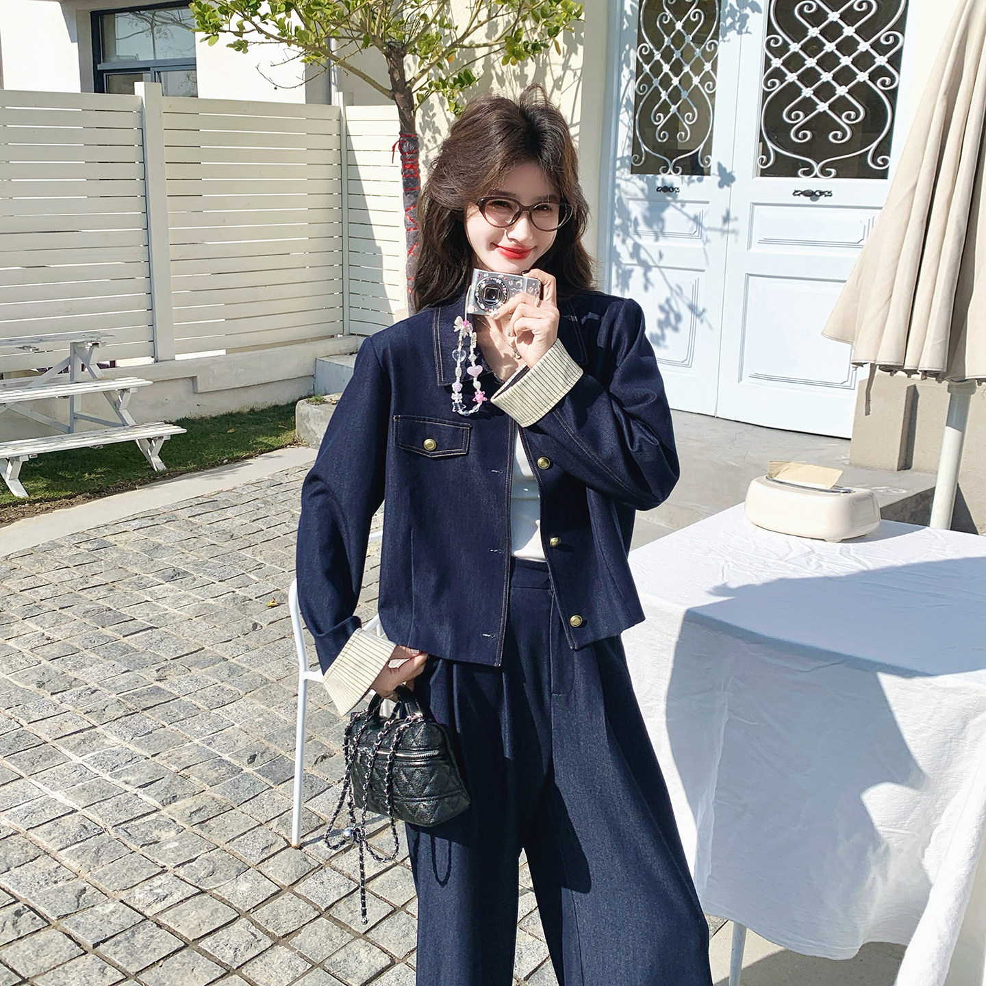 【上新】藏青拼接条子仿牛仔裤子两件套2C079-2615-p180-k288,女装套装/套裙,2C079