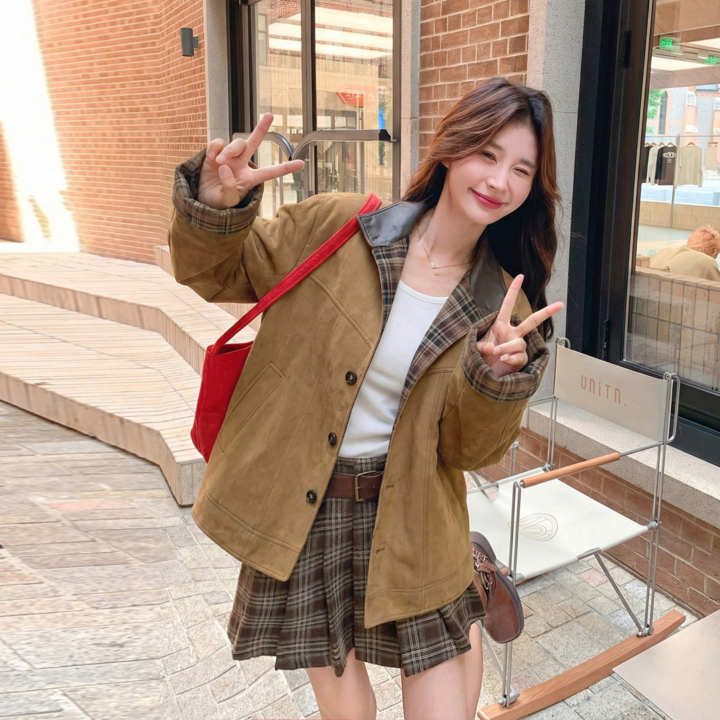 【上新！】麂皮拼接格子卡其色外套2C079-2612-p170-k278,女装皮衣,2C079