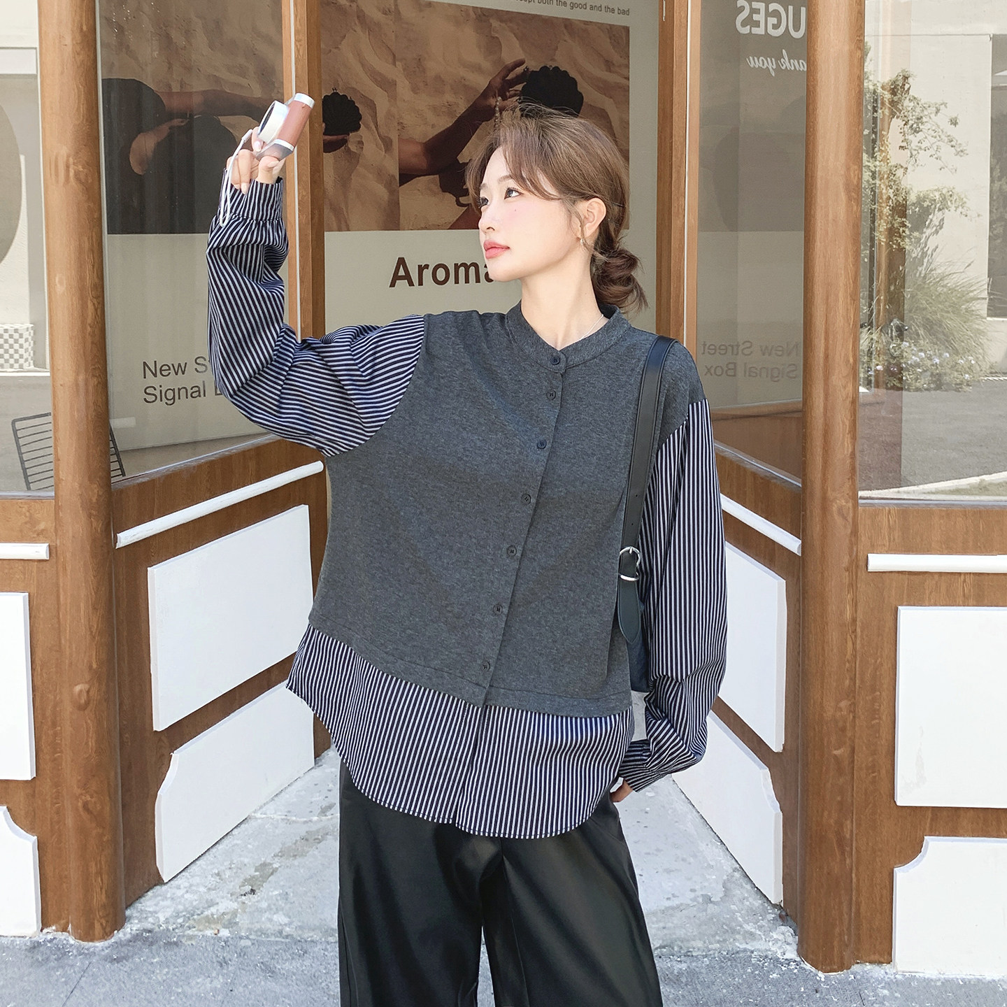 【档口有货】针织条纹假两件+皮裤两件套2C079-4525-p165-k248,女装套装/套裙,2C079