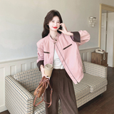 【上新！】粉色拼接咖色皮衣2C079-2619-p155-k248，女装皮衣，2C079