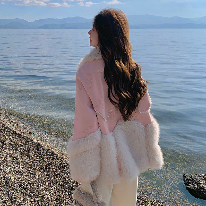 【！】粉色蝴蝶印花托卡兔毛内胆派克服2C079-3476-p205-k298，女装皮草，2C079