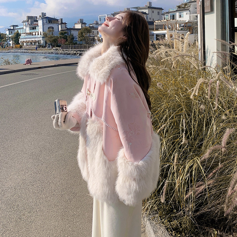 【！】粉色蝴蝶印花托卡兔毛内胆派克服2C079-3476-p205-k298，女装皮草，2C079