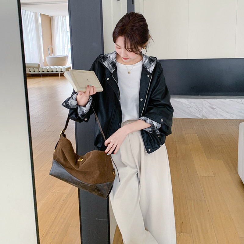 【档口有货】连帽拼格子皮衣外套2C079-2536-p170-k248,女装皮衣,2C079
