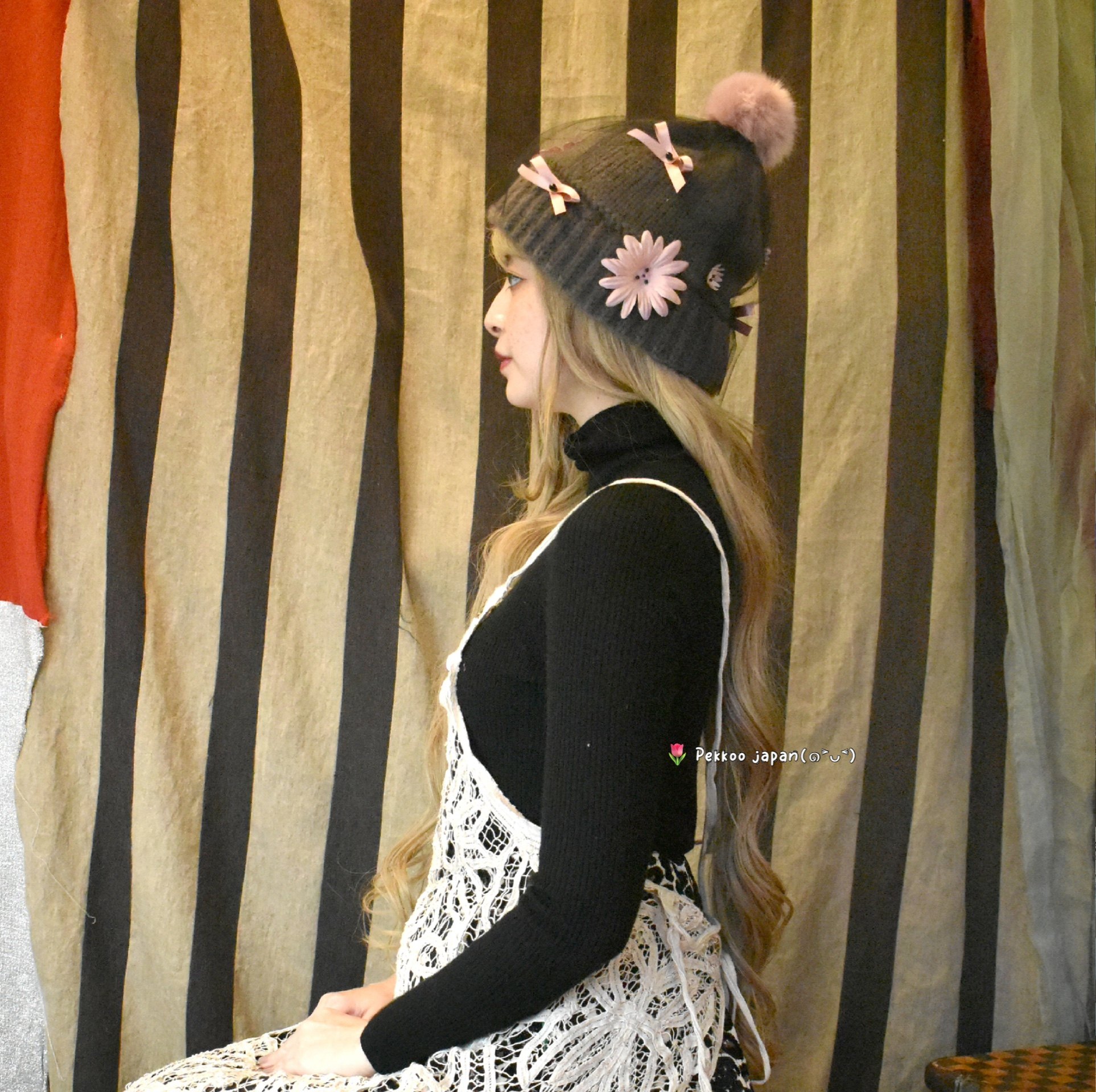 57.5cm Barairo  L-008335  秋冬甜美 梦幻网纱蝴蝶结 花朵针织帽