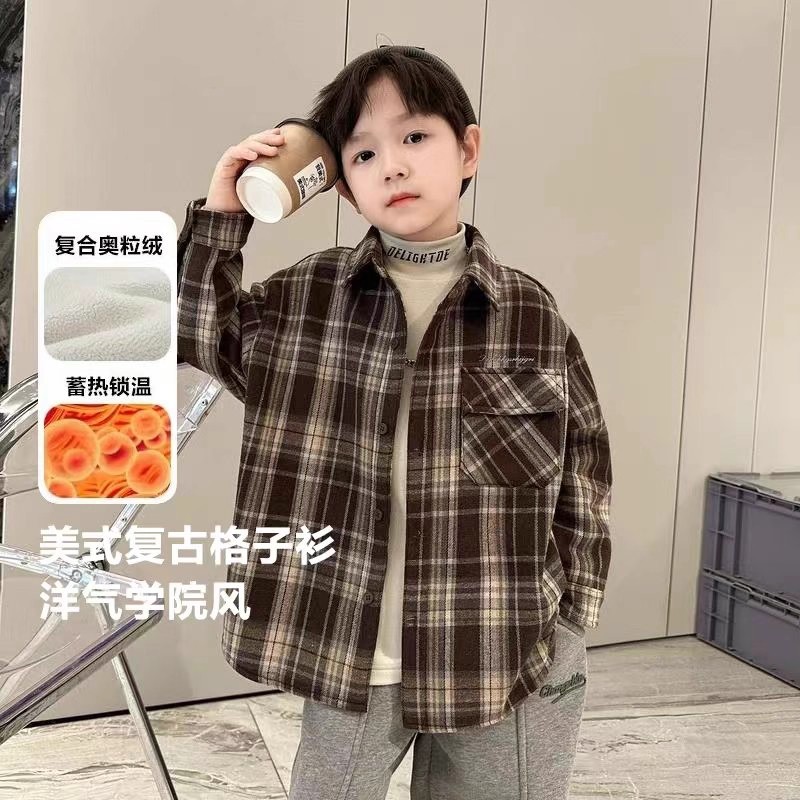 男童秋冬装上衣加绒格子衬衫外套