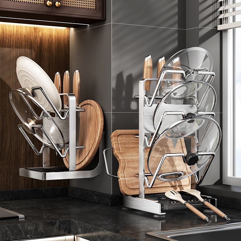 不锈钢厨房锅盖架置物架多功能壁挂菜板砧板架一体收纳锅盖菜刀板