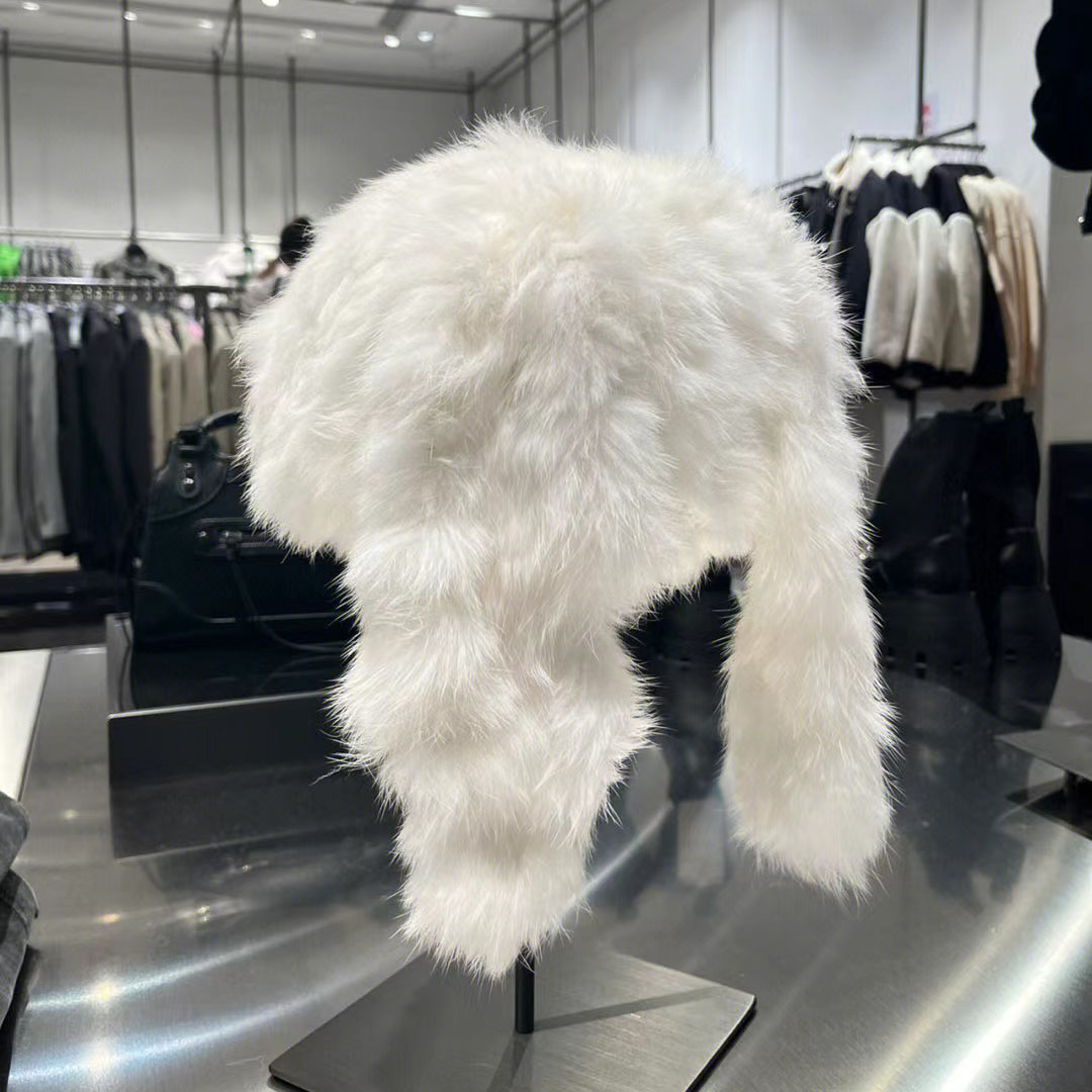 白色可爱毛绒绒兔耳朵保暖帽子