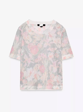 2025春夏新品田园风短款圆领花朵印花短袖T恤针织上衣女1822018