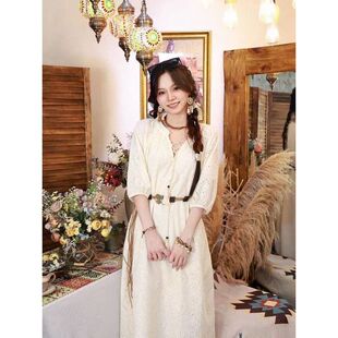 2026夏季新款波西米亚镂空绣花连衣裙女夏季度假风短袖长裙遮肉