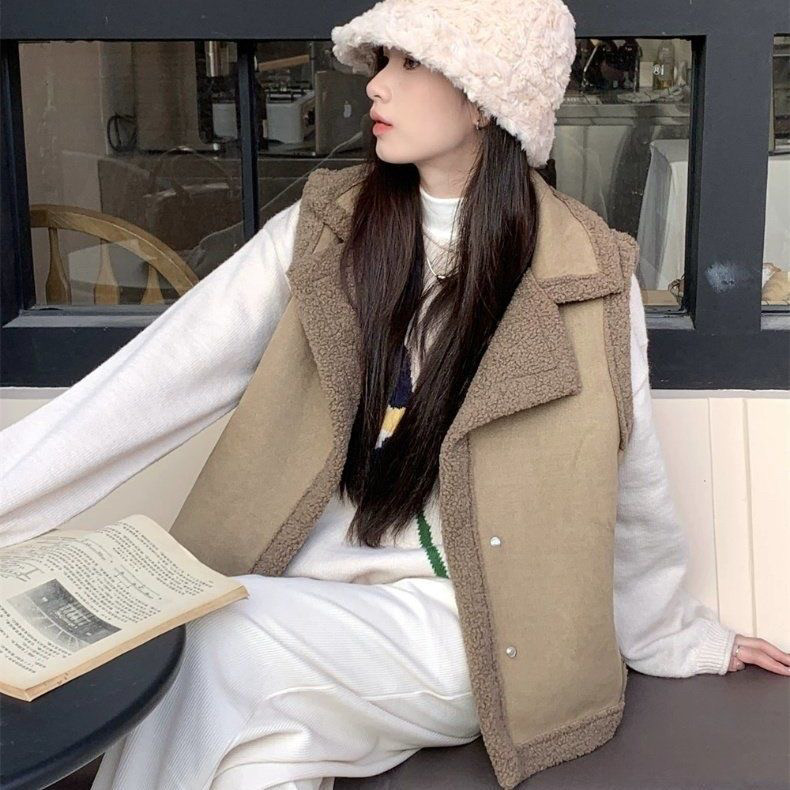 皮毛一体翻领羊羔毛马甲女冬季外穿加绒加厚保暖坎肩马夹背心外套