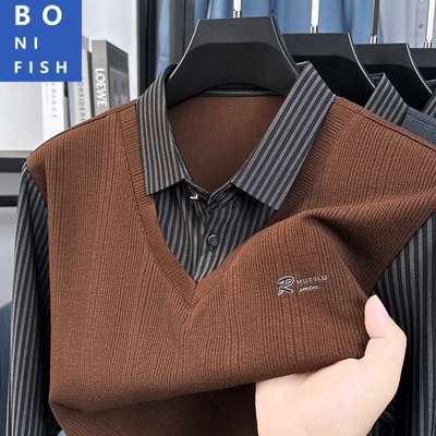 竖条纹绅士假两件长袖毛衣男时尚