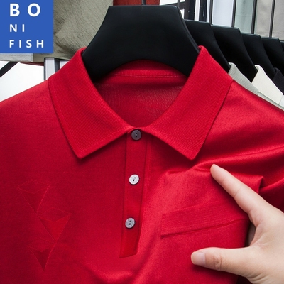 中年商务红色提花休闲短袖毛衣男夏季爸爸装翻领柔软商务针织衫男