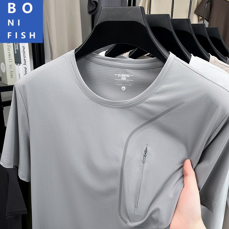 时尚纯色冰丝薄款个性拉链短袖T恤衫夏季运动休闲男士圆领体恤衫