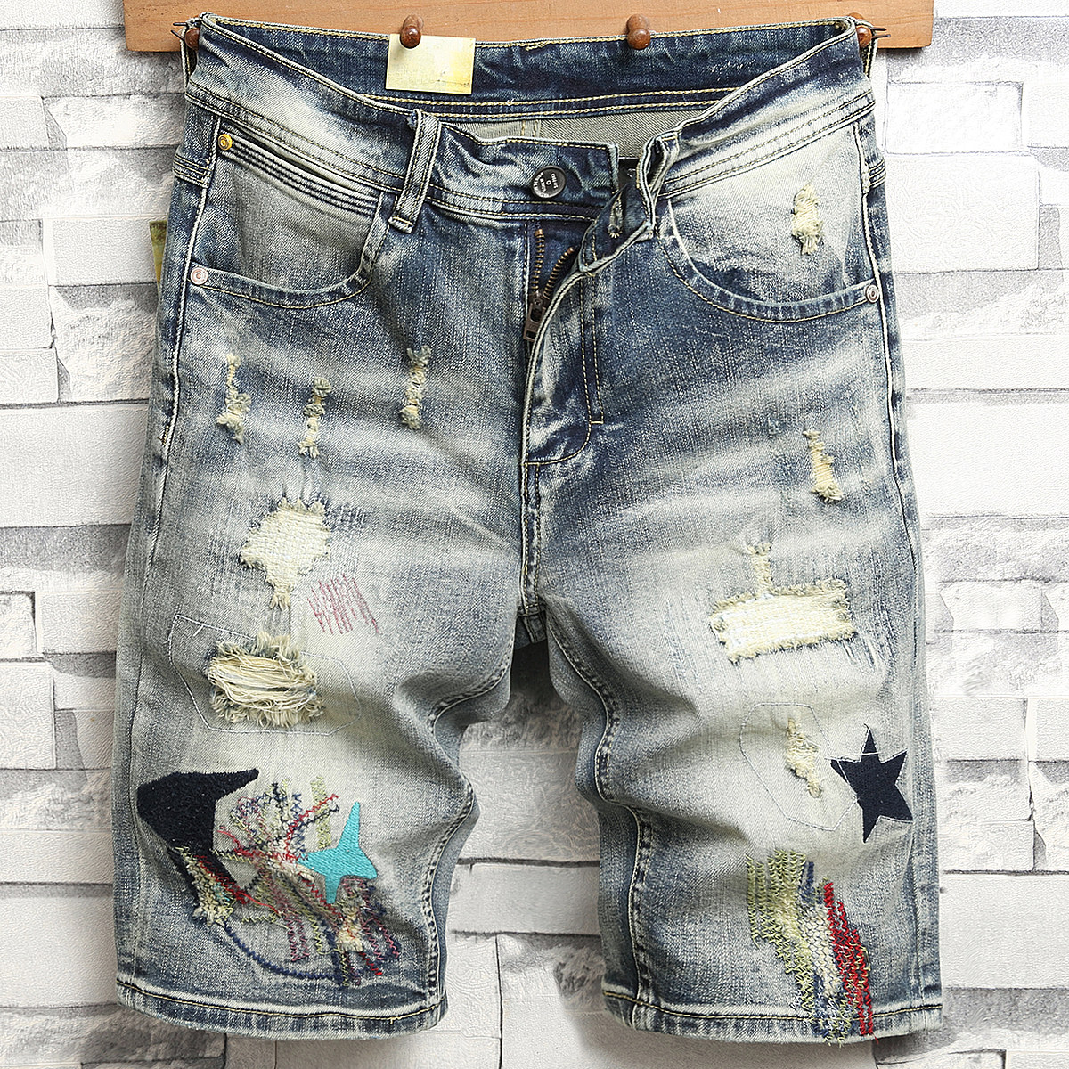 2026夏季牛仔短裤男破洞刺绣弹力修身潮牌复古做旧休闲五分中裤