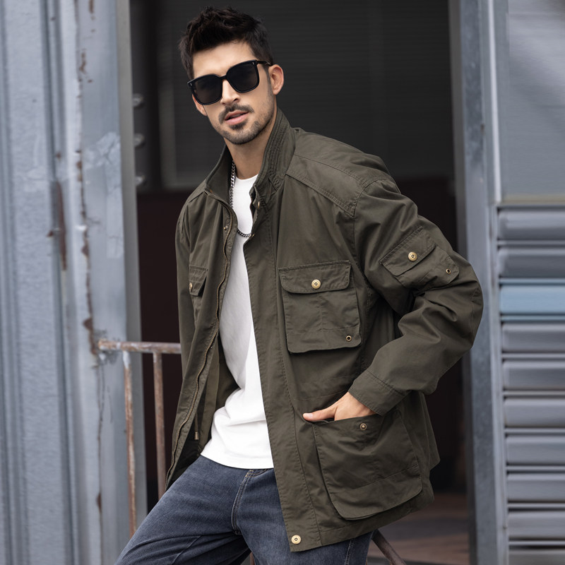 美式复古工装夹克男士立领外套春秋时尚帅气上衣多口袋潮流男款