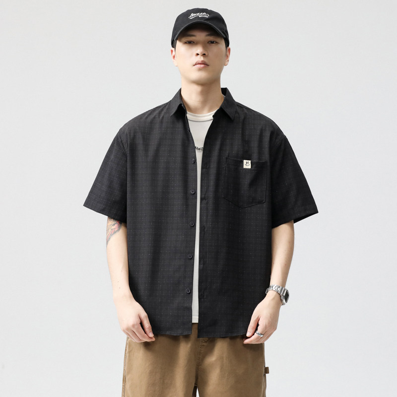 2026夏季提花格子工装衬衫式男士夏季翻领宽松休闲百搭短袖衬衣男