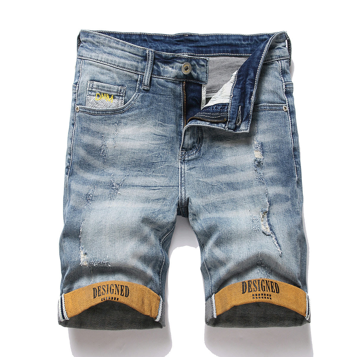 浅色薄款牛仔短裤男士印花刺绣破洞潮牌弹力直筒5分中裤2026夏季