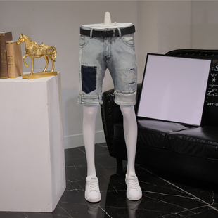 修身 男弹力中裤 五分裤 子ins5分男裤 夏季 薄款 破洞复古做旧牛仔短裤