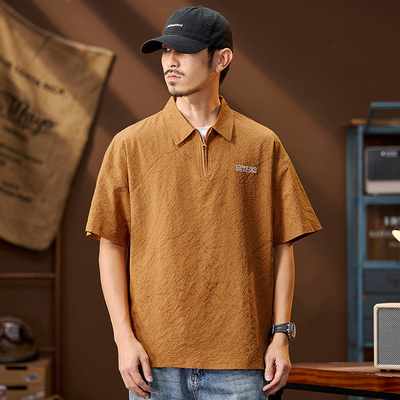 夏季新款复古冰丝泡泡肌理感花纹衬衫翻领宽松休闲百搭短袖衬衣男