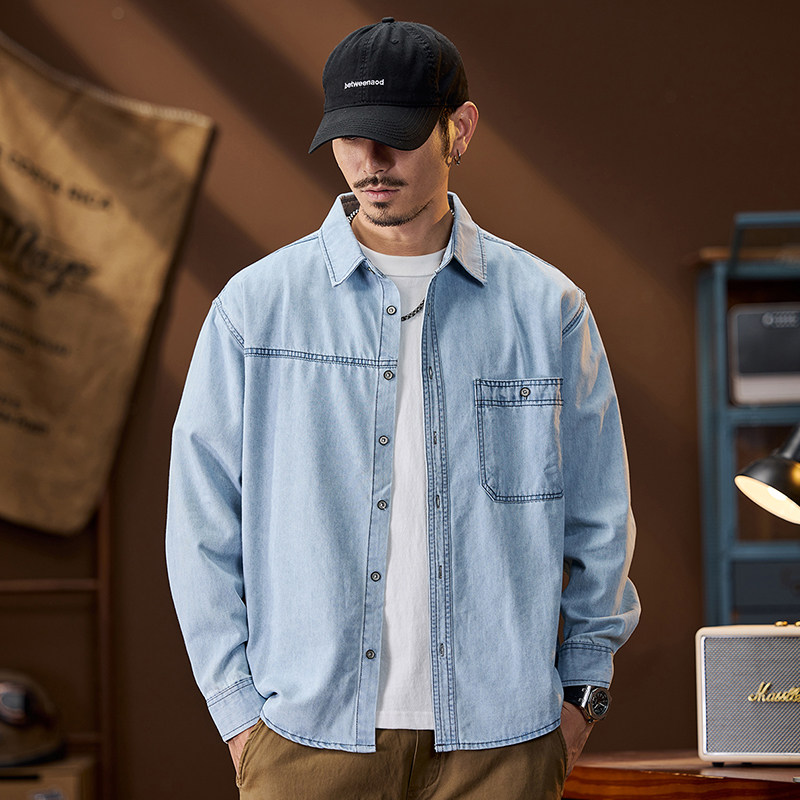 春季新款宽松大码牛仔衬衫男美式工装多口袋长袖衬衣薄款纯棉外套