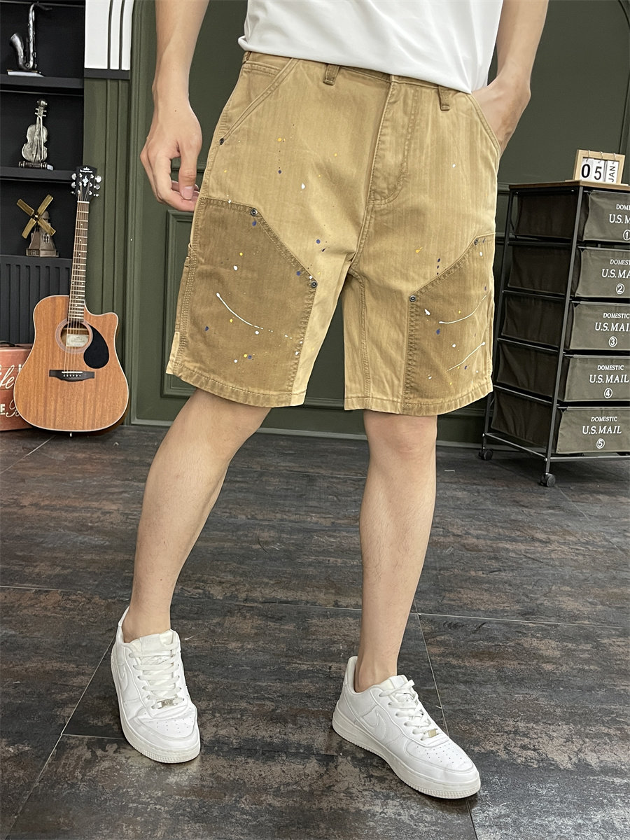 夏季薄款牛仔短裤男五分裤弹力中裤休闲马裤青年5分拼接卡其工装