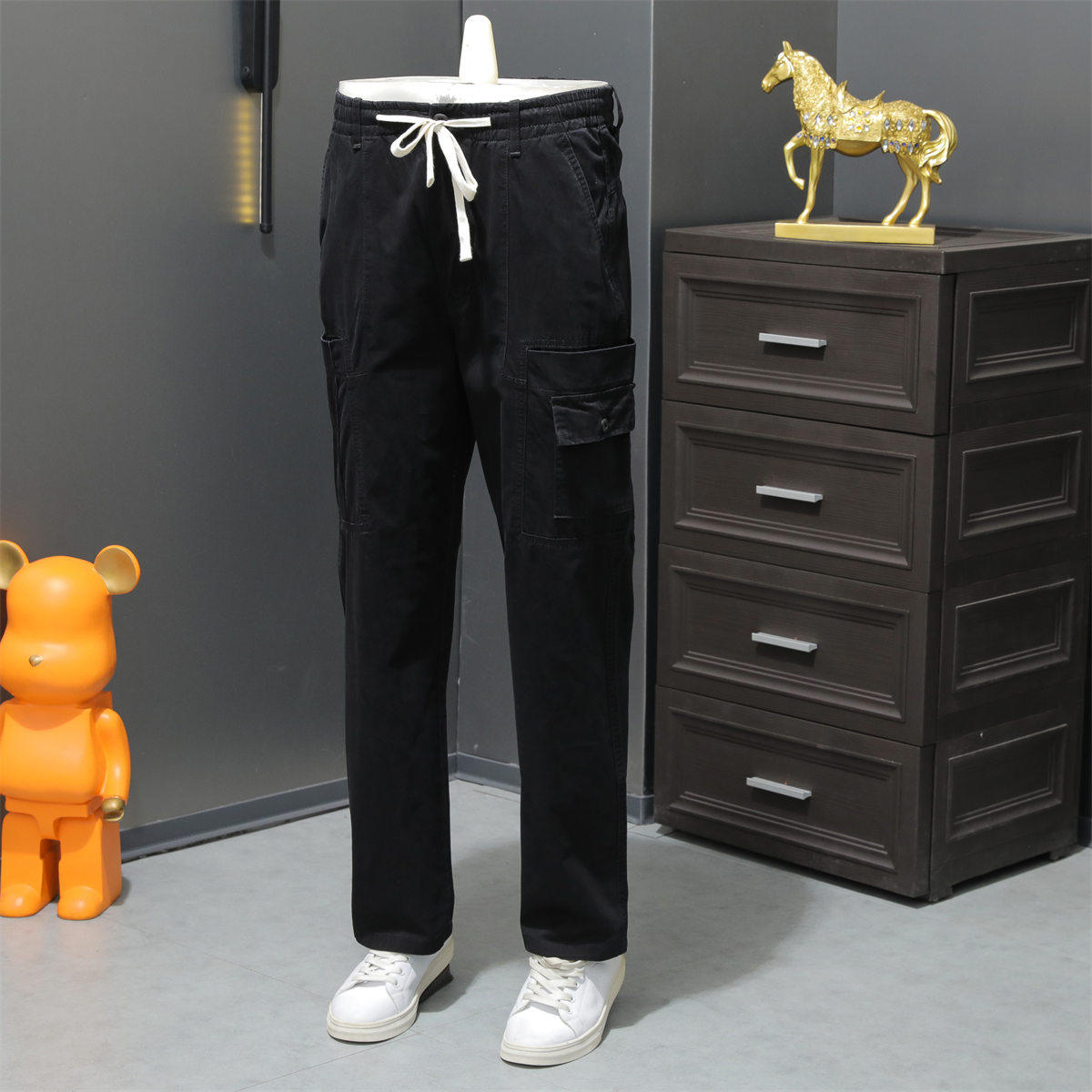 春秋新款休闲裤男款工装裤户外军迷纯棉长裤子黑色宽松直筒系带潮