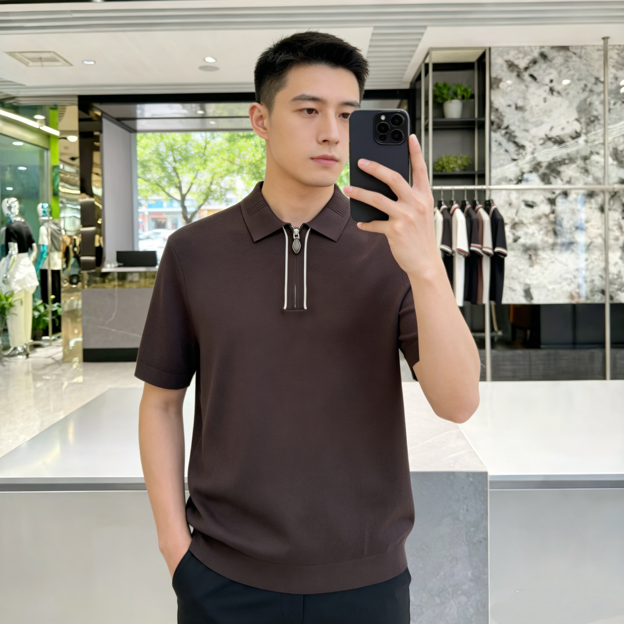 HCE潮牌桑蚕丝长绒棉短袖Polo衫2026秋季新品半拉链修身时尚休闲