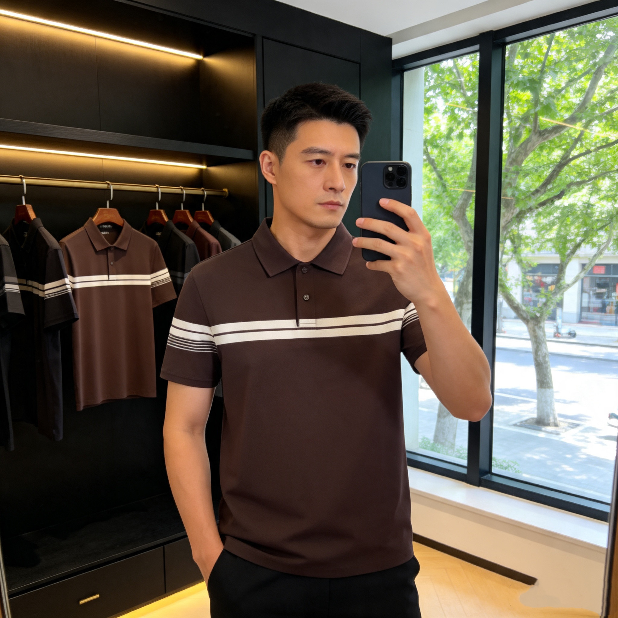 2026夏季新品桑蚕丝云朵棉短袖Polo衫欧货高端条纹撞色修身休闲男