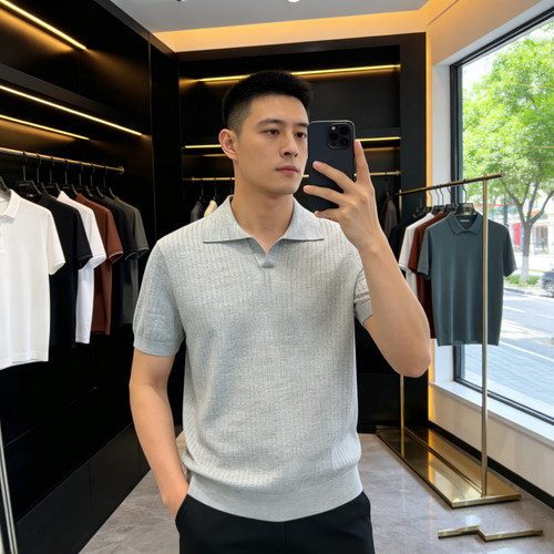 YISHANG潮牌剪刀领亚麻短袖Polo衫欧货高端纯色条纹修身简约休闲