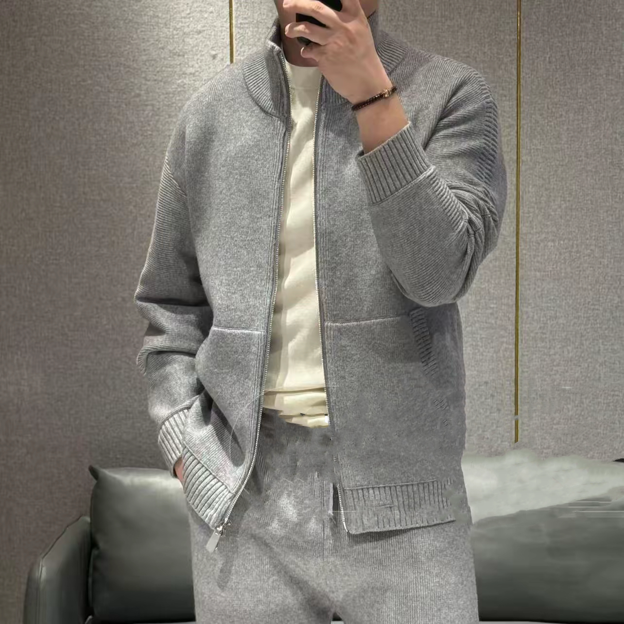 2025秋冬季新品立领针织羊毛羊绒套装欧货高端修身简约休闲老钱风