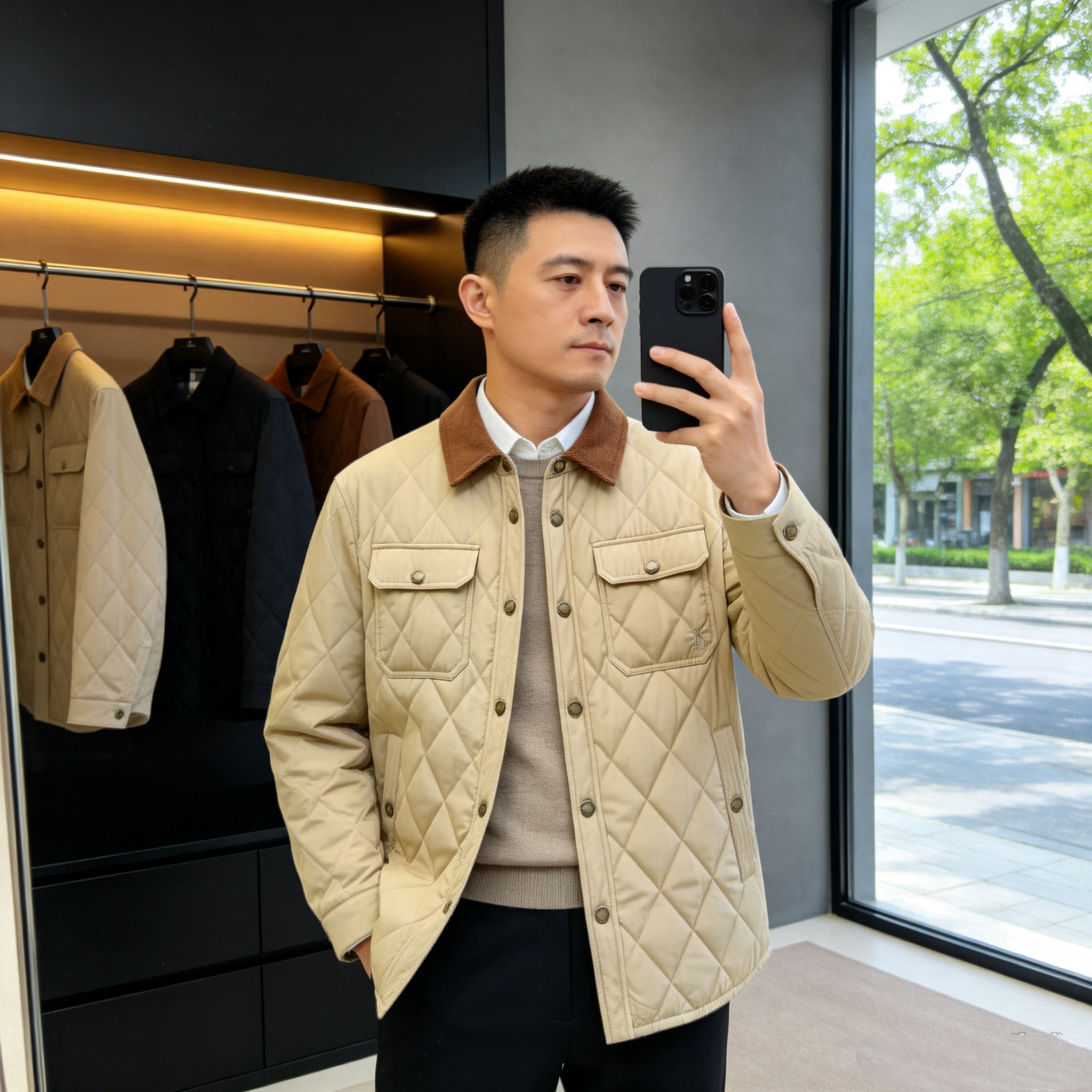 2026秋冬季新品翻领棉服夹克外套欧货高端菱形格修身时尚休闲百搭