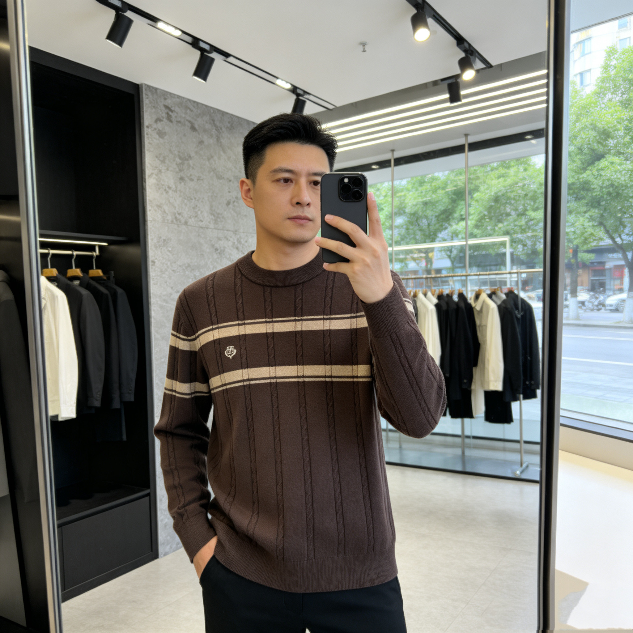HCE潮牌圆领长袖羊毛针织衫毛衣2026秋冬季新品条纹撞色修身休闲