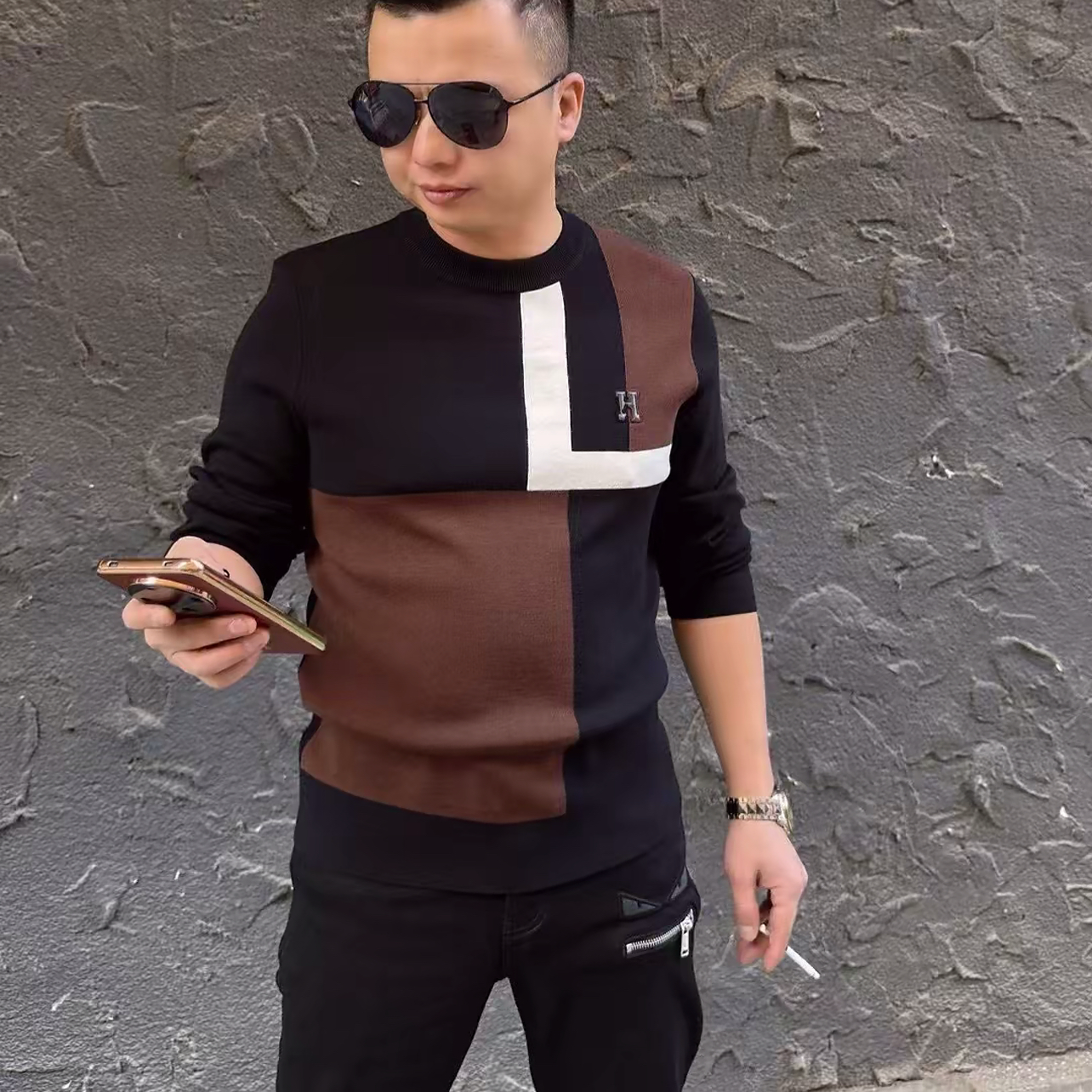 VJM潮牌长袖针织羊毛衫男2025冬季新品欧货高端撞色修身时尚休闲