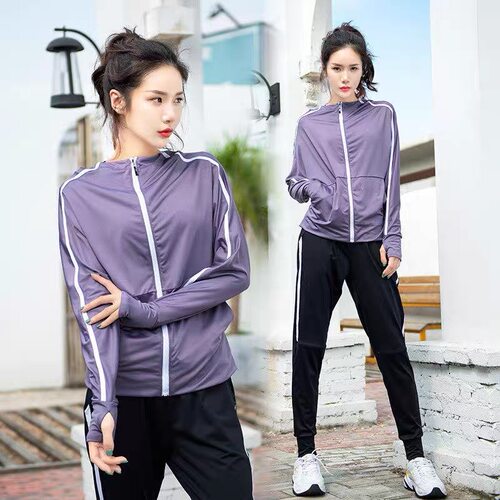 韩版防晒服瑜伽服套装女休闲运动跑步速干长袖连帽运动服
