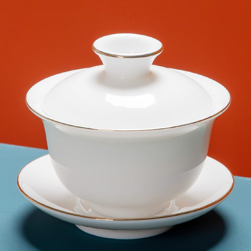 羊脂玉白瓷三才盖碗大号茶碗单个