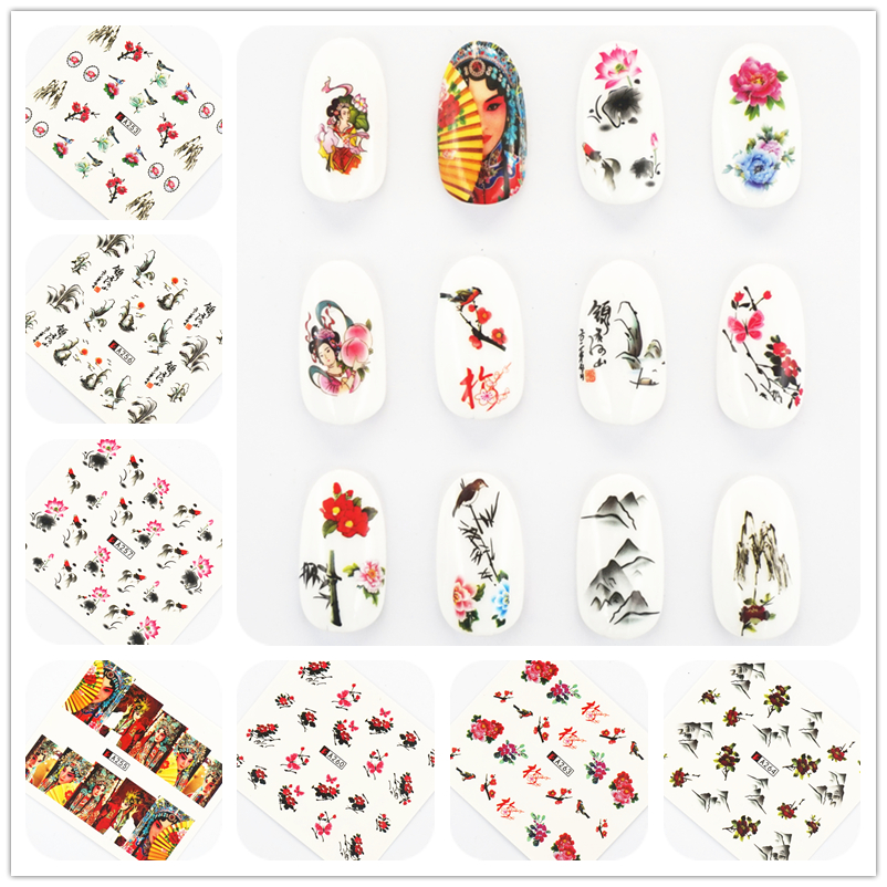 包邮中国风水印指甲油胶美甲贴纸贵妃醉酒竹兰梅菊荷花山水八仙女