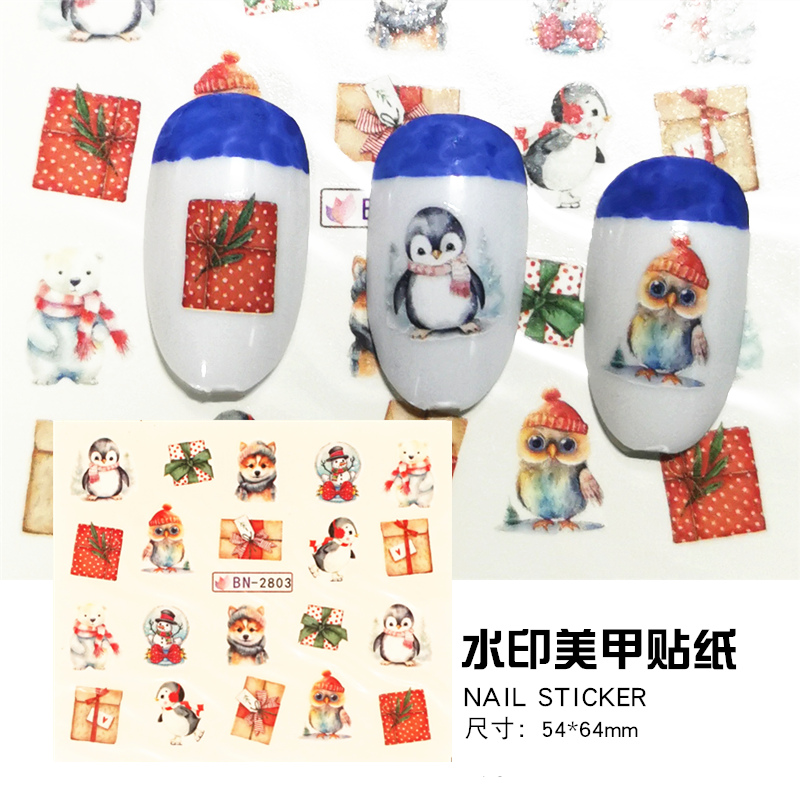 10元包邮水印指甲油胶贴纸泡水美甲贴花圣诞节小鹿雪人企鹅北极熊
