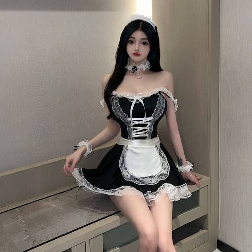 女仆装200斤加肥加大码性感经典黑色高腰蕾丝边吊带背心裙套装