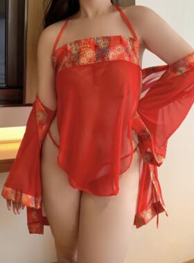 220斤大码红色新娘装汉服透明网纱睡裙肚兜浴袍开衫古代睡衣女薄